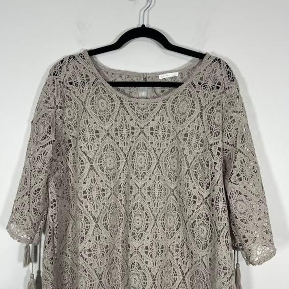 EST 1946 Crochet Lace Blouse Wms Large Gray Tassels Romatic Whimsigoth Boho Top - Picture 2 of 7